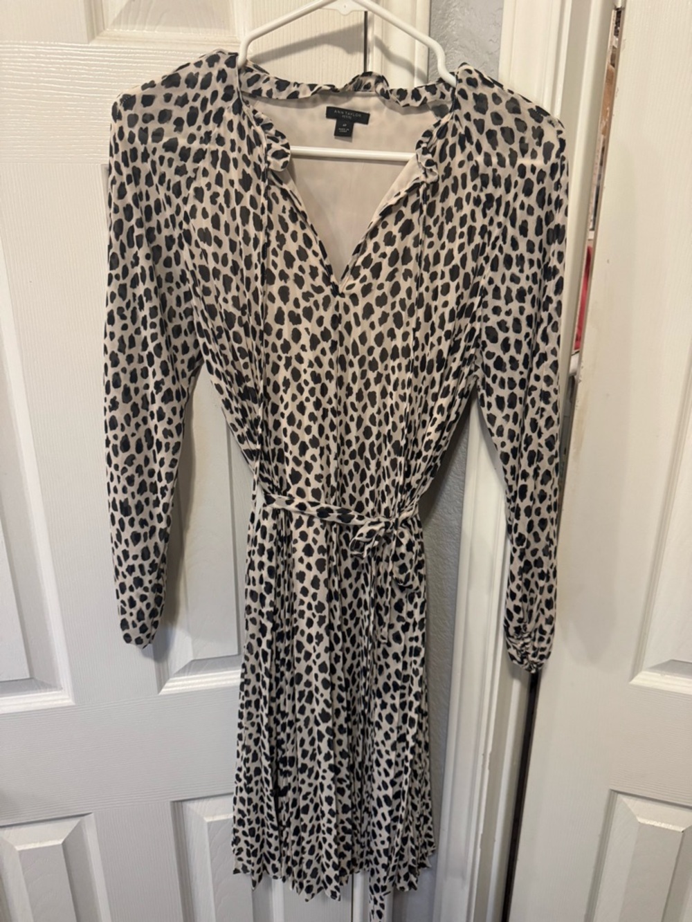Ann Taylor Beige and Black Leopard-Print Long Sleeve Wrap Dress